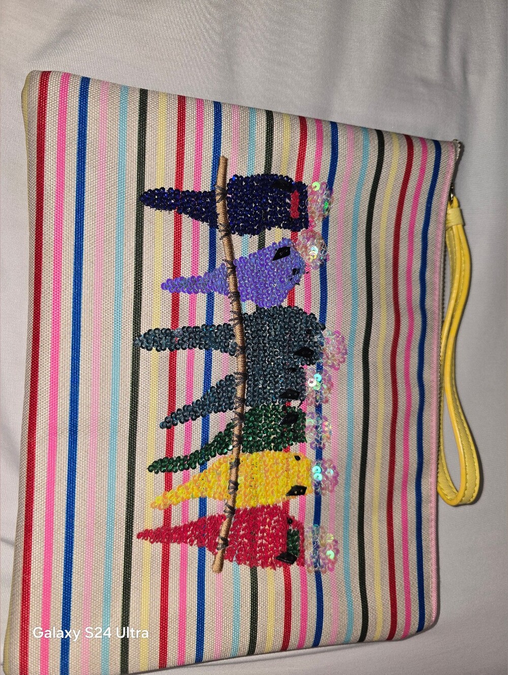Talbots Striped Sequin Bird Zippered Wristlet Clutch Pouch Bag  Colorful Parrots